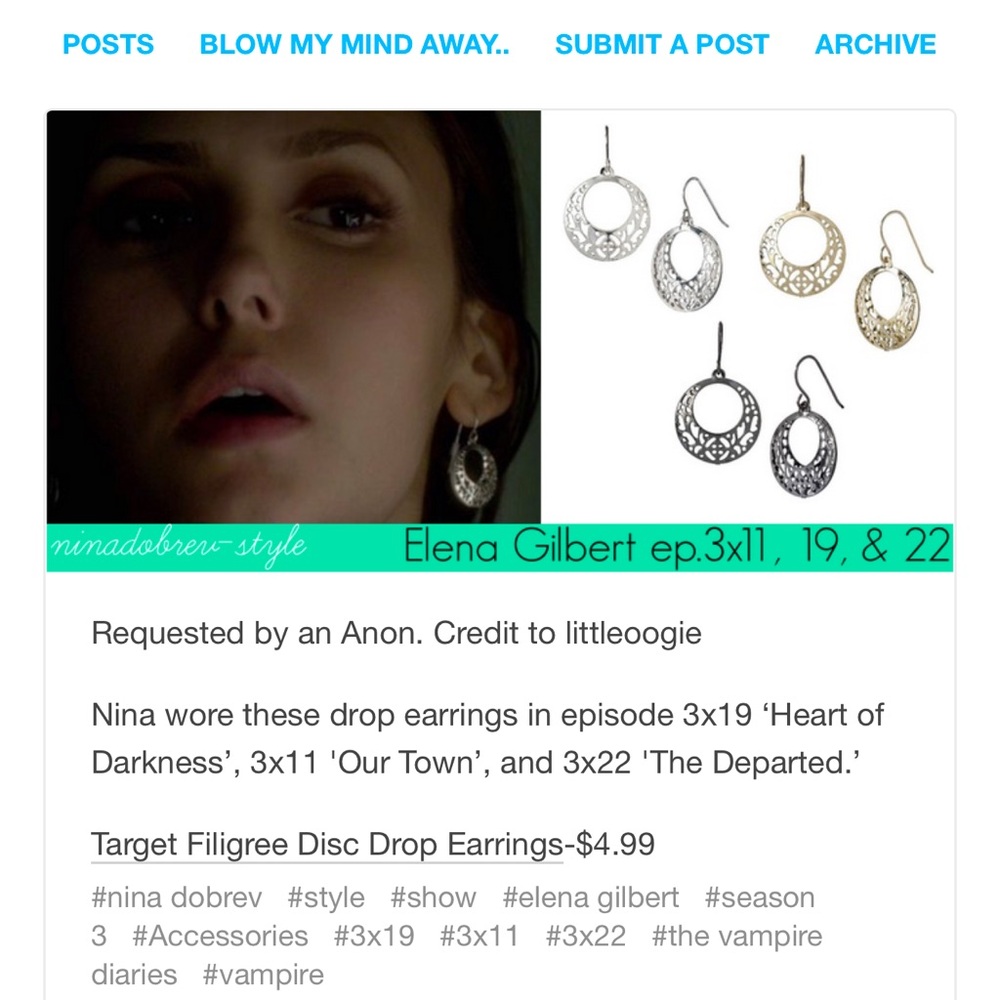 ISO Target Filigree Earrings Elena Gilbert Vampire Diaries